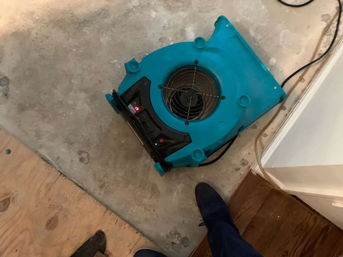 Air mover drying subfloor during Leak Detection & Repair in Longboat Key